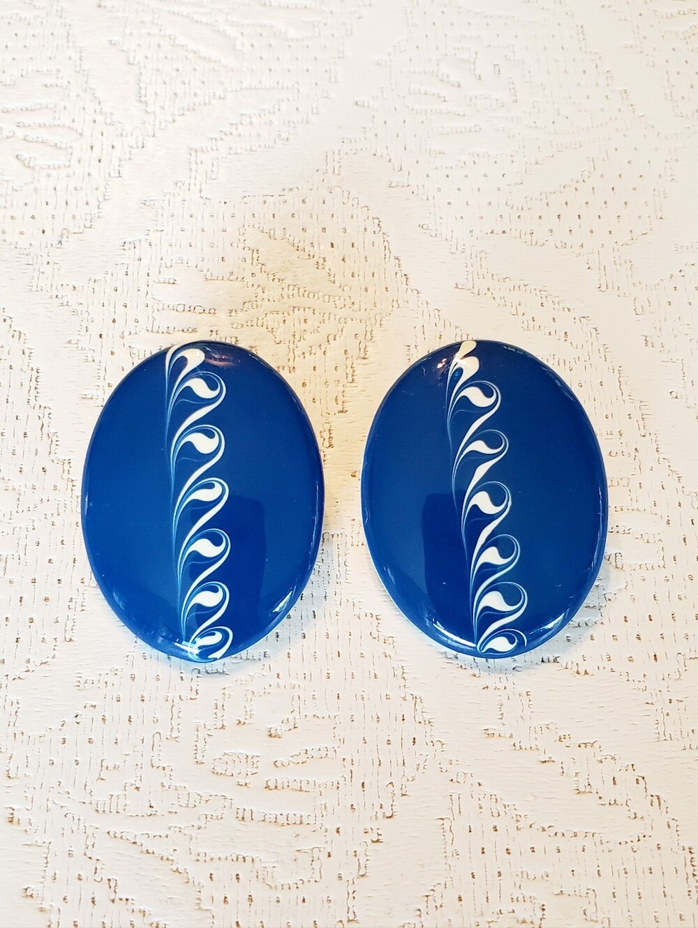 Blue Oval Earrings with White Swirl Detail